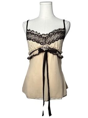 Y2K Vintage Heart Soul Cream & Brown Lace Rosebud Romantic Fairy Tank Top